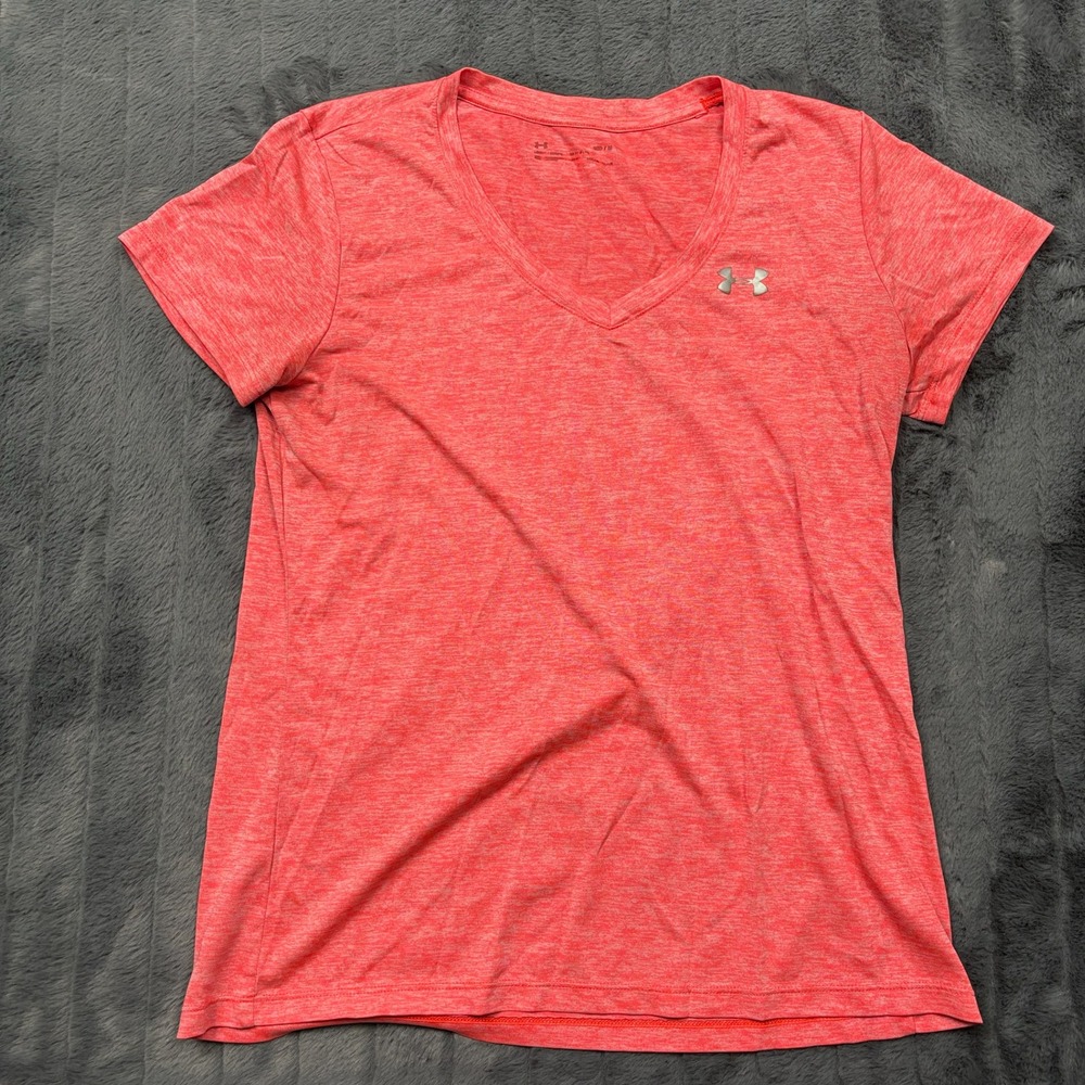 Under Armour Womens HeatGear V-Neck T-Shirt Pink Heathered Short Sleeve MD